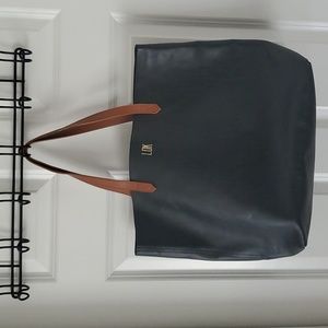 Madewell Black Leather with Brown Leather Shoulder Straps Tote Bag Large.